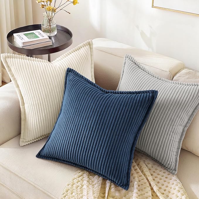decorUhome Corduroy Grey Throw Pillow Covers 26x26 Set of 2 Decorative Soft Boho Striped Neutral Euro Farmhouse Couch Pillow Covers with Broadside for Living Room Bed Sofa