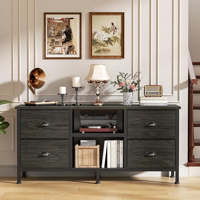 Furologee TV Stand with 4 Drawers, 43 inch Entertainment Center with Open Shelves, Media Center for 50" TV, Television Stand for Bedroom, Living Room/Light Black Oak