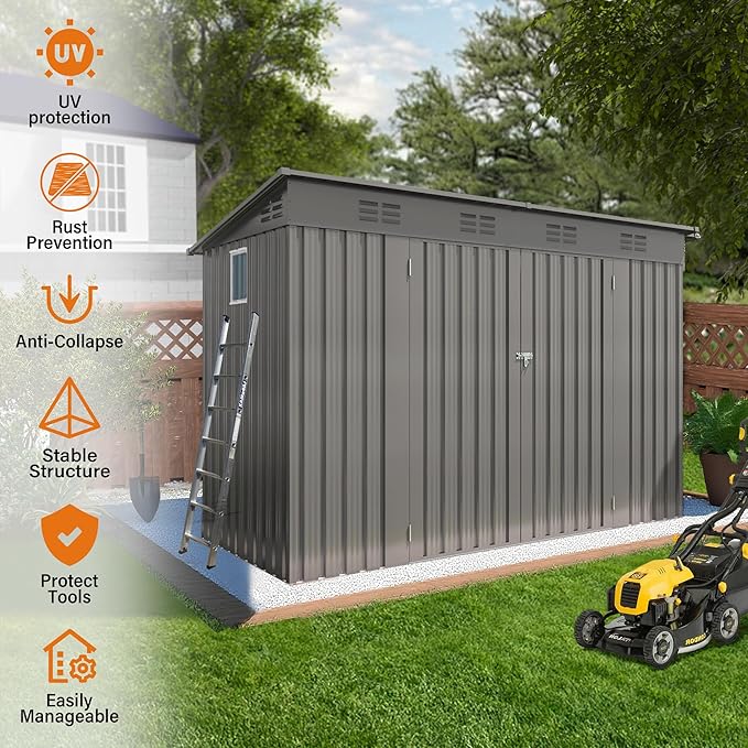 4x9 ft Lean to Shed, Outdoor Storage Shed with Lockable Double Door and Window, Metal Storage Sheds with Sloping Roof and 6 Vents, Outside Garden Tool Sheds for Backyard, Patio (Grey)