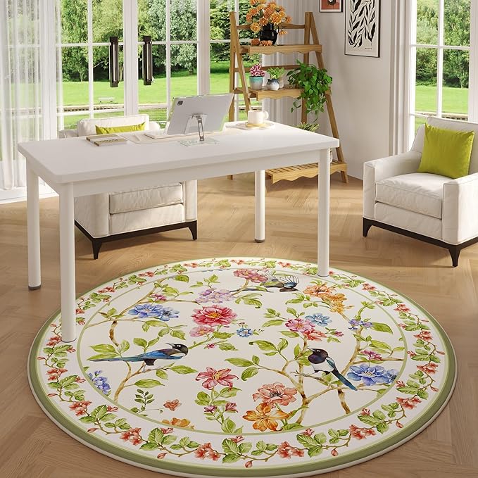 Round Rug 4ft Washable Circle Rug Non Slip Low Pile Floral Bird Magpies Animal Small Circular Rug for Bedroom, Bathroom, Entryway, Kids Room, Office, College Dorm (White)