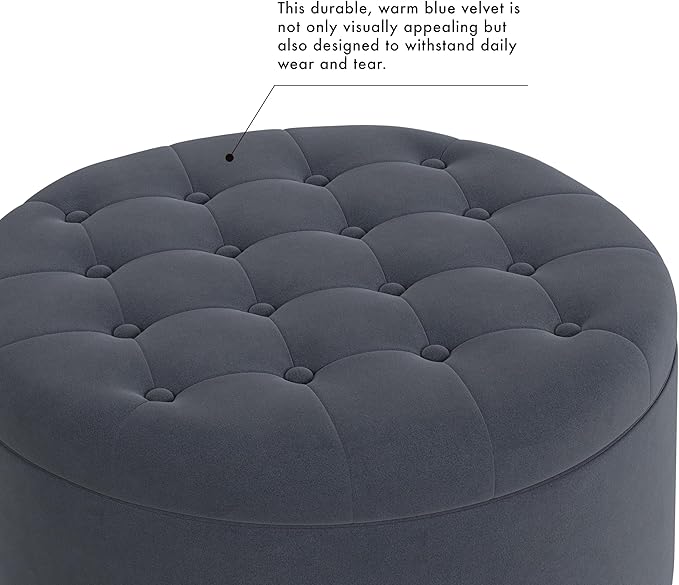 HomePop Home Decor | Button Tufted Velvet Round Storage Ottoman | Ottoman with Storage for Living Room & Bedroom, Steel Blue Velvet