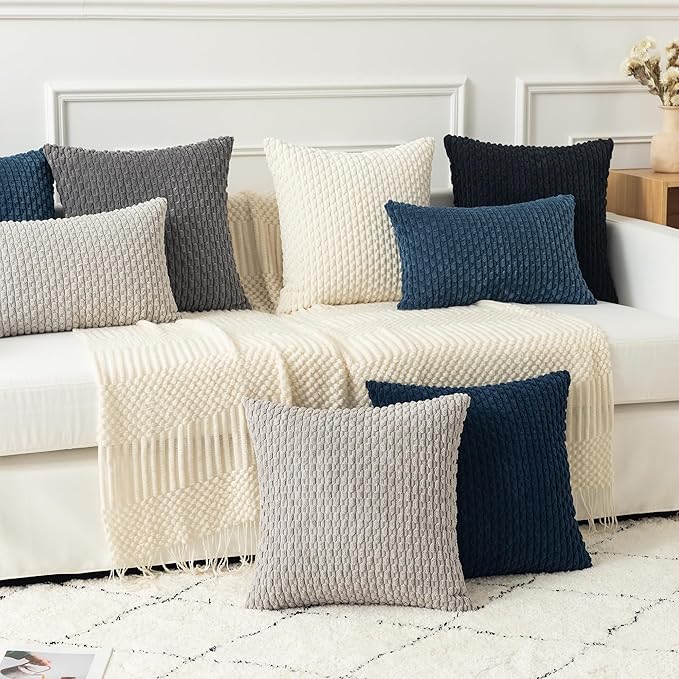 Kevin Textile Pillow Covers Decorative Set of 2 Striped Corduroy Plush Velvet Pillowcases Boho Cushion Cover for Couch 18x18 Inch Cream