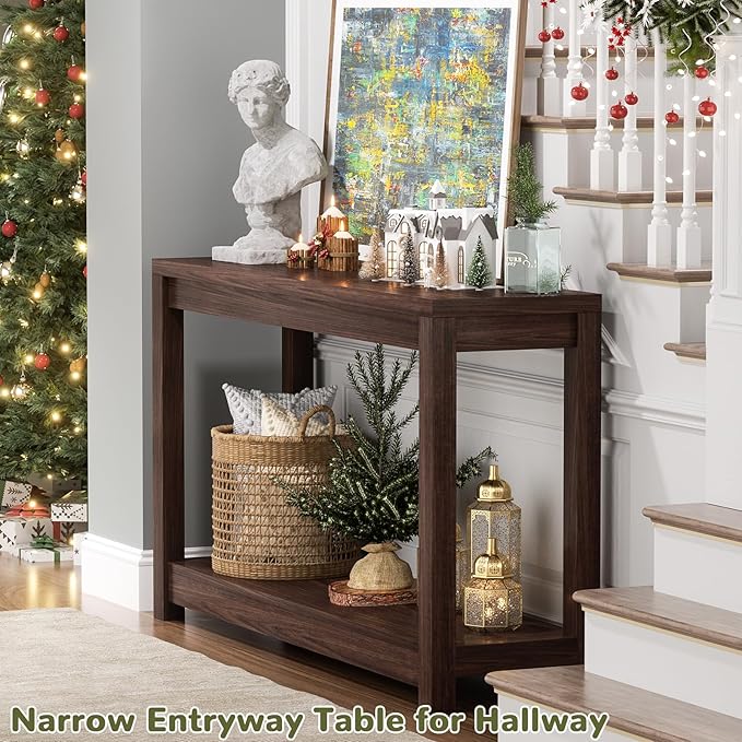 Small Farmhouse Wood Entryway Table Narrow Console Table with Storage Behind Couch Sofa Table with Shelves Entry Way Tables with Open Storage, Easy Assembly, 32" Black Walnut