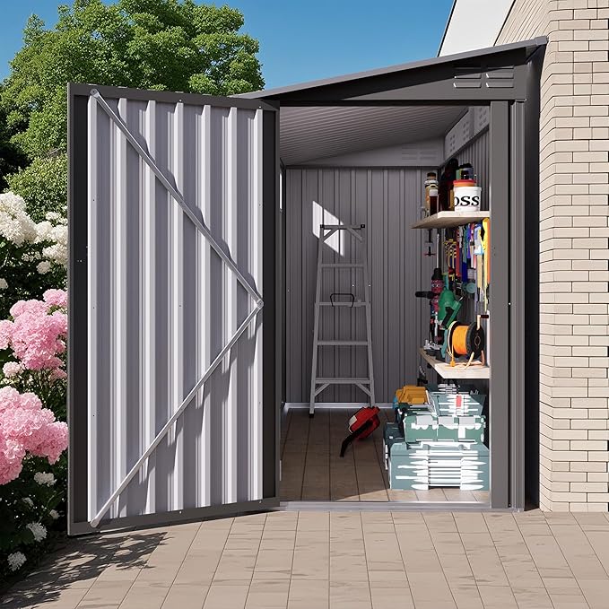 4x9 ft Lean to Shed, Outdoor Storage Shed with Lockable Single Door and Window, Metal Storage Sheds with Sloping Roof and 2 Vents, Outside Garden Tool Sheds for Backyard, Patio (Grey)