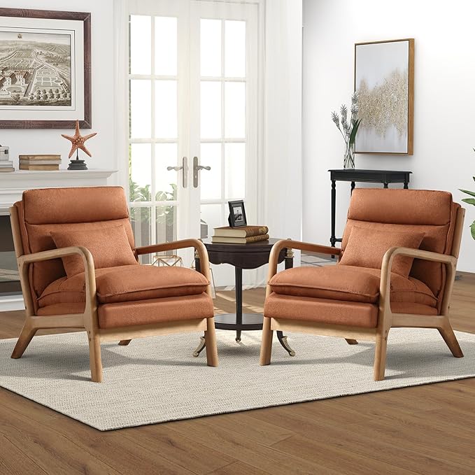 Phoenix Home Accent Chair Mid Century Lounge Chair PU Leather, Upholstered Reading Armchair with Lumbar Pillow & Solid Wood Frame for Office, Living Room Bedroom, Balcony, Brown