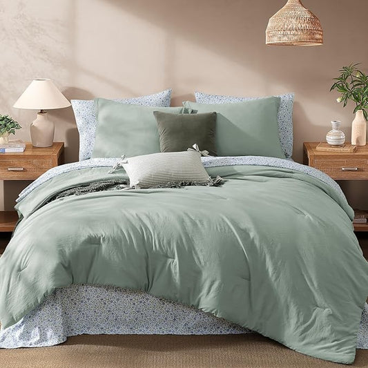 Monbix King Size Comforter Set - 7 Pieces Sage Green Prewashed Bed in a Bag King Bedding Sets with Comforters, All Seasons Down Alternative Comforter Bed Set with Sheets,Pillowcases & Shams