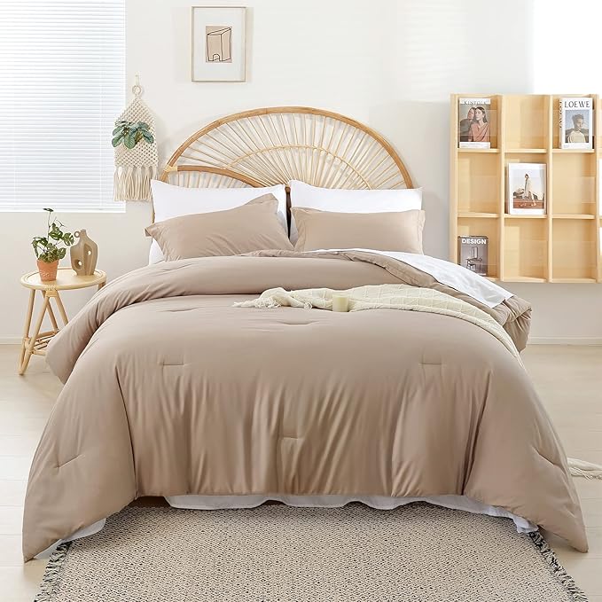 weigelia Queen Comforter Set Taupe Comforter Set 7 Pieces Bed Comforter Set with Fitted Sheets, Flat Sheets, Pillow Shams and Pillowcases for All Season