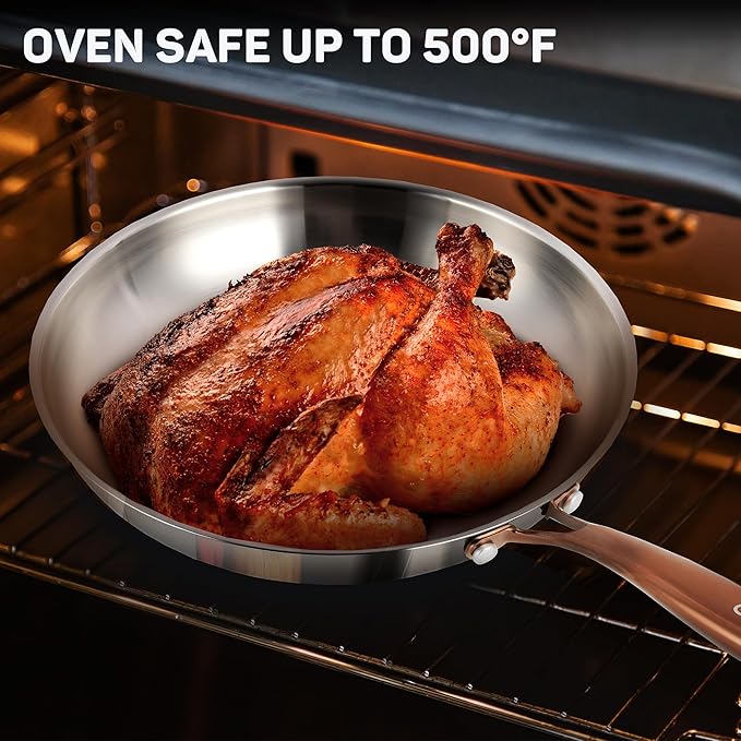 12 Inch Tri-Ply Stainless Steel Frying Pan with Lid, Professional Quality Skillet Suitable for All Stove, Oven and Dishwasher Safe, PFOA PTFE PFOS Free, Fast and Even Heating