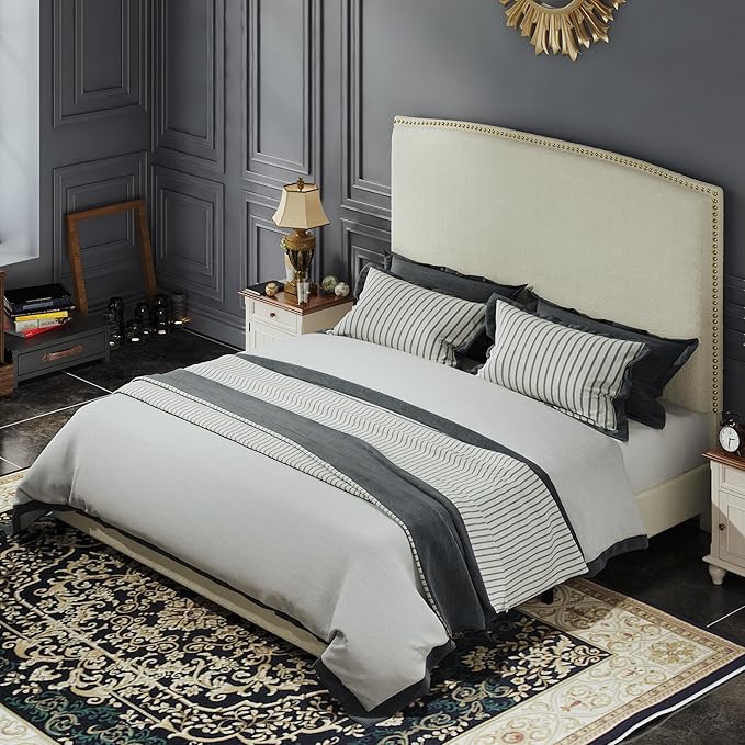 Queen Size Bed Frame with Headboard, 56" Upholstered Platform Bed with Nailhead Trim, Soft Boucle Fabric, No Box Spring Needed, Easy Assembly, Cream