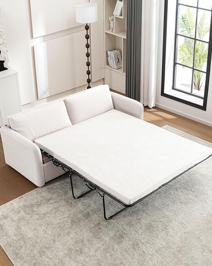 Queen Pull Out Sofa Bed, 2-in-1 Convertible Sleeper Sofa Couch with Memory Foam Mattress, 3-Seater Sofa Bed Queen with Arms for Living Room & Small Spaces, Beige
