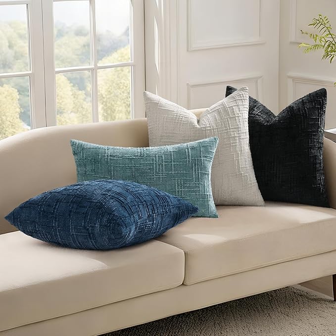 decorUhome Navy Blue Chenille Throw Pillow Covers 12x20 Set of 2 Thick Textured Slubby Couch Pillow Covers Farmhouse Accent Modern Neutral Decorative Pillow Cases for Bed Sofa Living Room