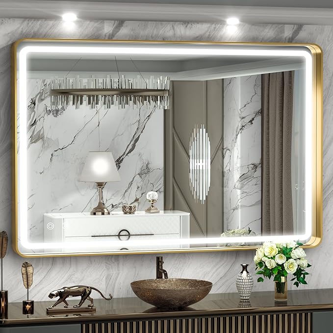 Hasipu 40×30 Inch LED Bathroom Mirror with Lights, Gold Metal Framed Bathroom Light Mirror for Vanity Anti-Fog, Dimmable, 3 Colors (Horizontal/Vertical)