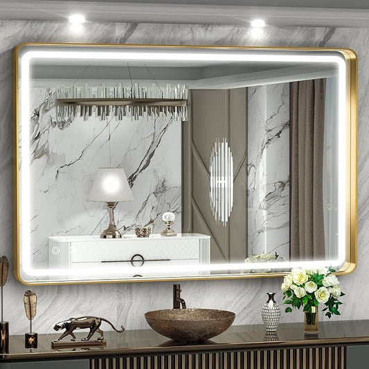 Hasipu 40×30 Inch LED Bathroom Mirror with Lights, Gold Metal Framed Bathroom Light Mirror for Vanity Anti-Fog, Dimmable, 3 Colors (Horizontal/Vertical)