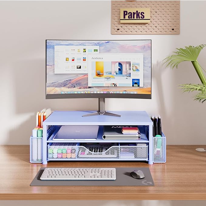 Desk Organizers and Accessories, 2-Tier Computer Monitor Stand Riser with Drawer and 2 Pen Holders, Laptop Stand, Office Desk Accessories for Office Supplies, Blue