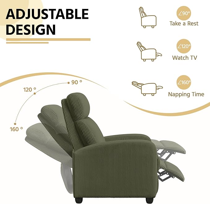 Yaheetech Corduroy Recliner Chair Single Sofa Home Theater Seating Adjustable Modern Reclining Chair for Living Room Bedroom Home Theater Dark Green