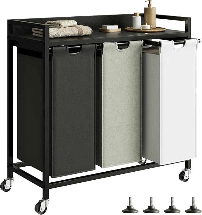 Laundry Hampers with Shelf, Laundry Basket 3 Section, Laundry Sorter with Pull-Out Removable Large 3 Color Bags and Movable Wheels, Metal Frame, 3 x 15.87 Gallons (60L), Black PF04XLK