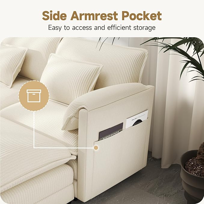 Real Relax 75.3'' Modular Sectional Sofa, Loveseat Corduroy Convertible Couch with Movable Ottoman 4 Pillows and 2 Armrest Pillows for Living Room, Office and Leisure Places, Beige