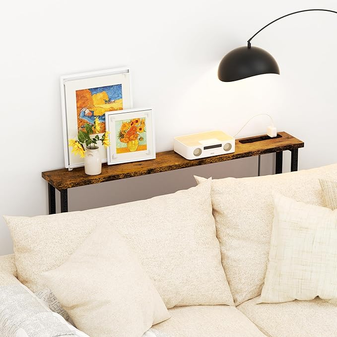 GRLEAF 39" Narrow Console Sofa Table with Built-in Power Strip (4 AC Outlets & 4 USB Ports) – 4.9ft Power Cord, Metal Frame, Easy Assembly, Ideal for Behind Couch, Hallway, and Office | Rustic Brown