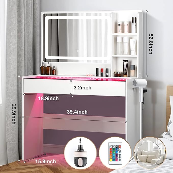 Vanity Desk，Transparent Desktop, Multiple Color Ambient Lights, with Mirror and Tri Color Light Strip, Dressing Table with Charging Station, Equipped with 2 Drawers, White