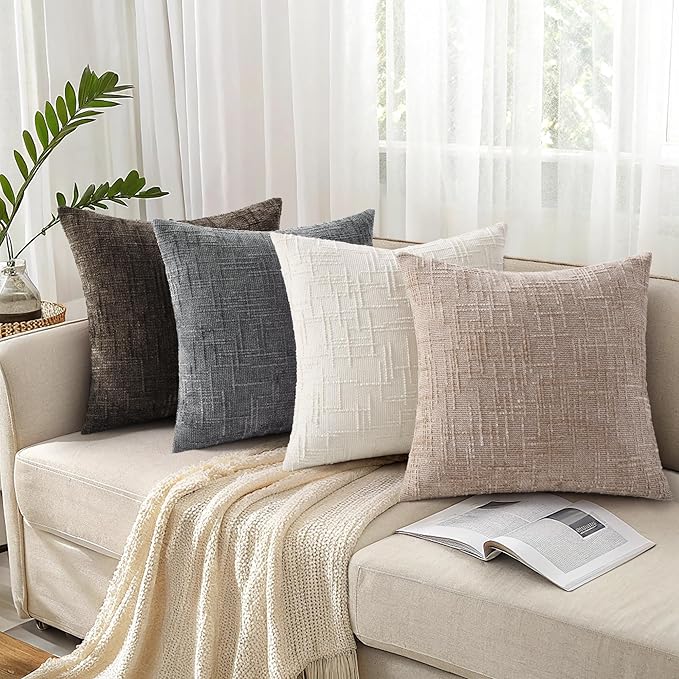 decorUhome Fall Oatmeal Chenille Throw Pillow Covers 20x20 Set of 2 Thick Textured Slubby Couch Pillow Covers Farmhouse Accent Modern Neutral Decorative Pillow Cases for Bed Sofa Living Room