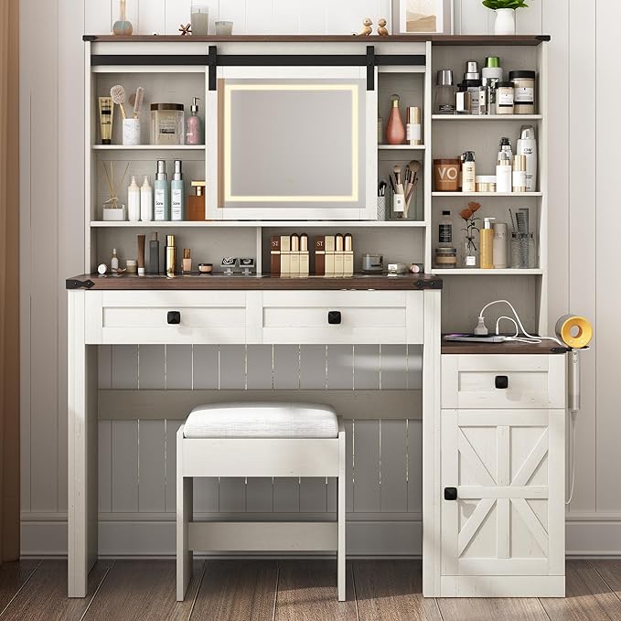 Farmhouse 47" Large Makeup Vanity Desk with Glass Tabletop, White Vanity with Sliding Mirror and Lights, Vanity Set with Stool & Charging Station, 3 Colors Lights, Ample Storage