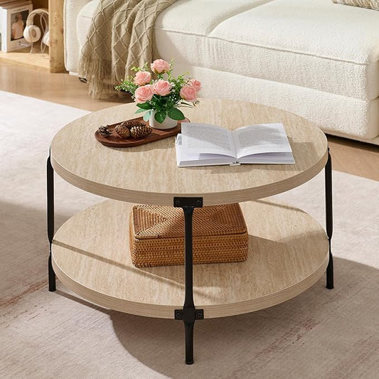 Round Boho Wood Coffee Table - 29.1" Farmhouse Natural Circle Wooden 2-Tier Coffee Tables Living Room Furniture, 29.1" D x 18.3" H, Warm Stone