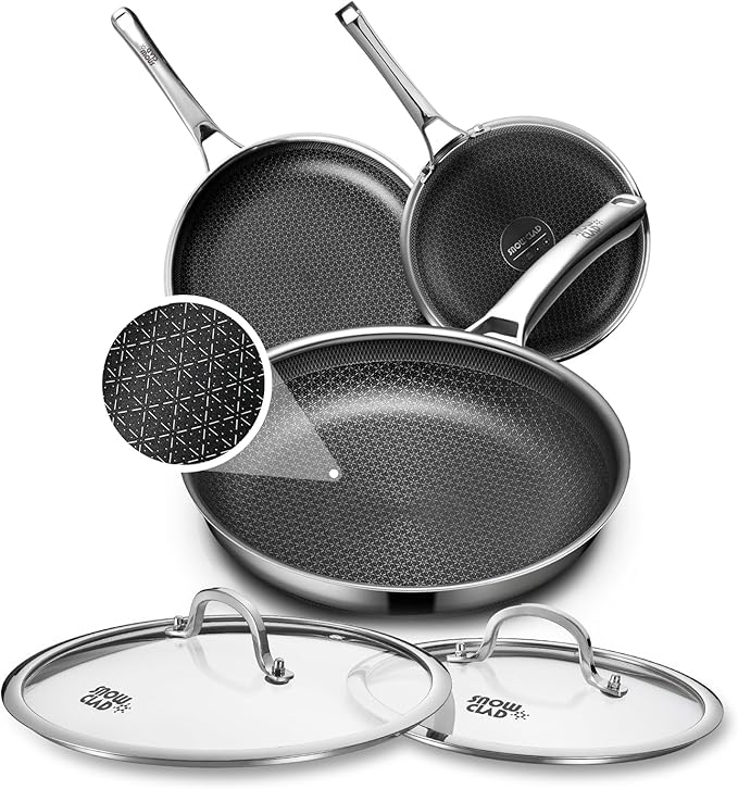 Non Stick Frying Pans Set with 2 Lid, Hybrid Pans Set Nonstick (8+10+12inch),Skillets for cooking, PFOA Free Stainless Steel Kitchen set, Dishwasher and Oven-Safe Cookware Sets