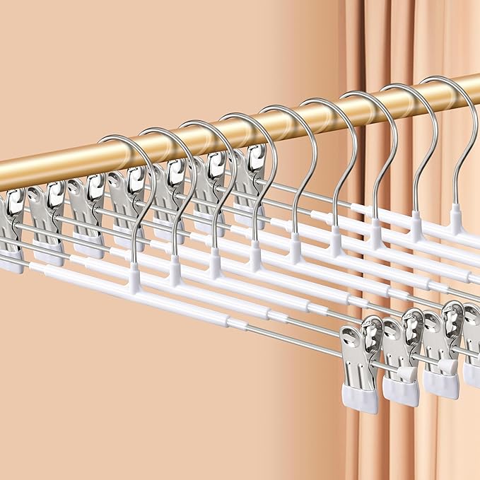 Pants Hangers with Clips 10 Pack 16Inch Adjustable Skirt Hanger for Women Non-Slip Trousers Hanger for Jeans Clothes Hangers for Pants Heavy Duty Space Saving Shorts Hangers,White