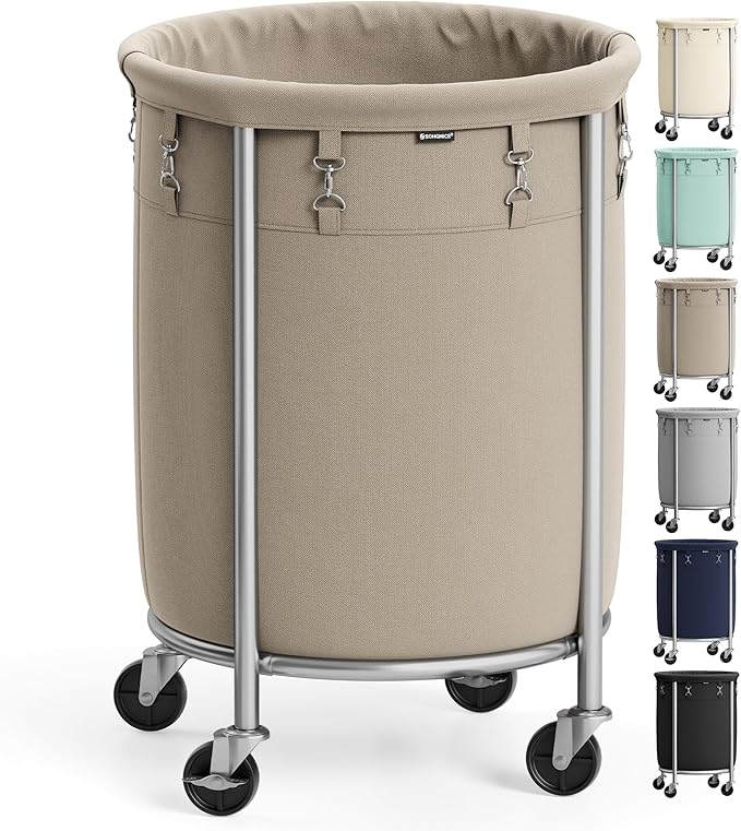 SONGMICS 29-Gallon (110 L) Laundry Basket with Wheels, Rolling Round Heavy-Duty Laundry Hamper Cart with Steel Frame and Removable Bag, 2 Locking Wheels, Camel Brown and Metallic Silver URLS002N01