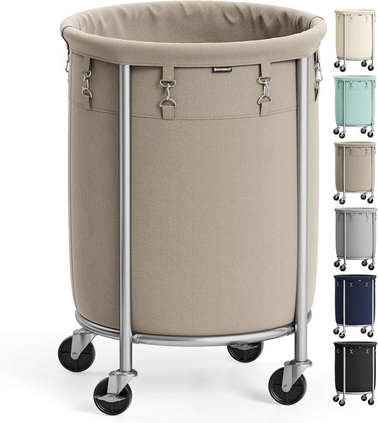 SONGMICS 29-Gallon (110 L) Laundry Basket with Wheels, Rolling Round Heavy-Duty Laundry Hamper Cart with Steel Frame and Removable Bag, 2 Locking Wheels, Camel Brown and Metallic Silver URLS002N01
