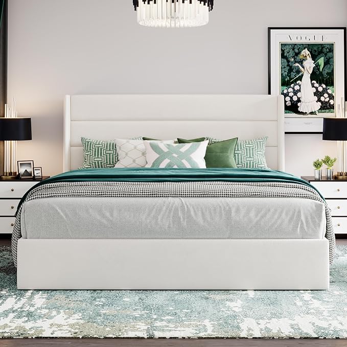 SHA CERLIN King Size Lift Up Storage Bed/Velvet Upholstered/Modern Wingback Headboard/Upholstered Platform Bed Frame/Hydraulic Storage/No Box Spring Needed/White