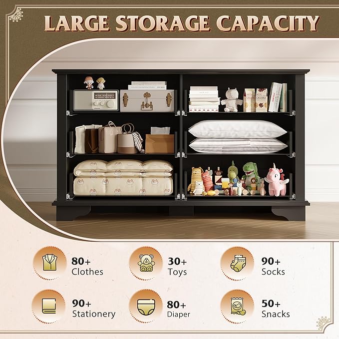 WLIVE Farmhouse Dresser for Bedroom, 51.97'' Wide Wood 6 Drawer Dresser, Chest of Drawers with Roman Metal Handle, TV Stand for 60 inch TV, for Living Room, Hallway, Black