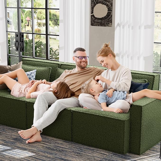 ELUCHANG 93" Modular Sectional Sofa Couch, 3 Seater Large Sectional Couches for Living Room, Modern Boucle Oversized Couch, Comfy Deep Seat Home Sofas Set, Green