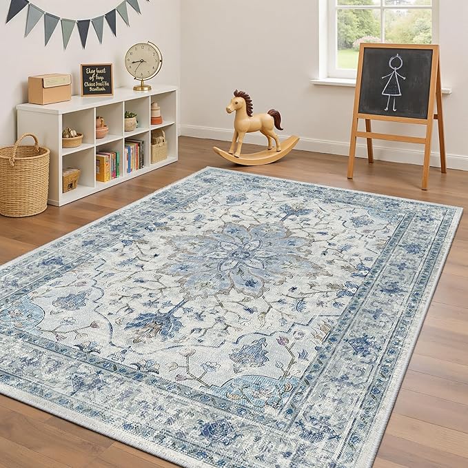 Area Rugs 5'x7' Washable Non-Slip, Floral Vintage Distress Print Pattern Medallion Carpet for Living Room Bedroom Dining Room, Light Blue Navy Beige Gray White