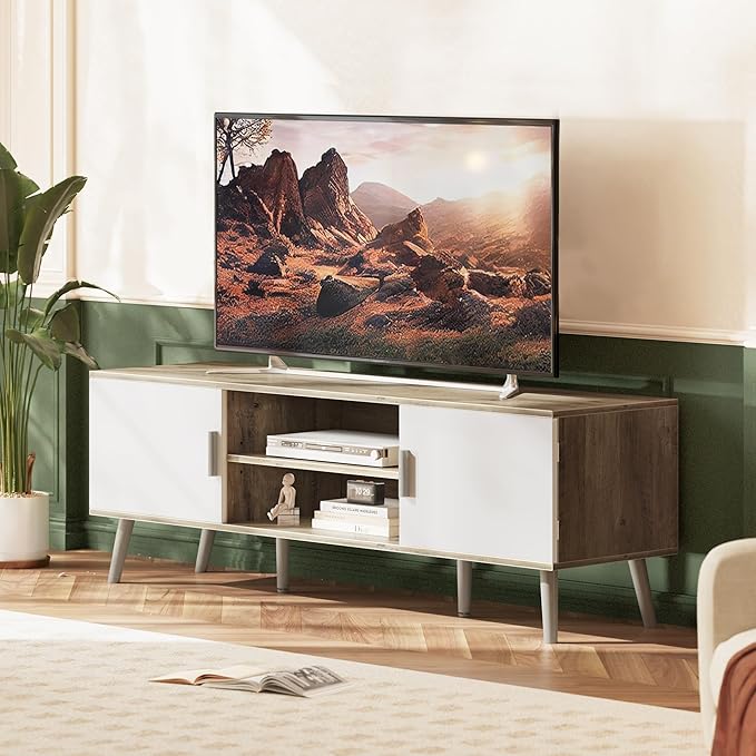 SUPERJARE TV Stand for 55 Inch TV, Entertainment Center with Adjustable Shelf, 2 Cabinets, TV Console Table, Media Console, Solid Wood Feet, Cord Holes, for Living Room, Bedroom, Gray and White