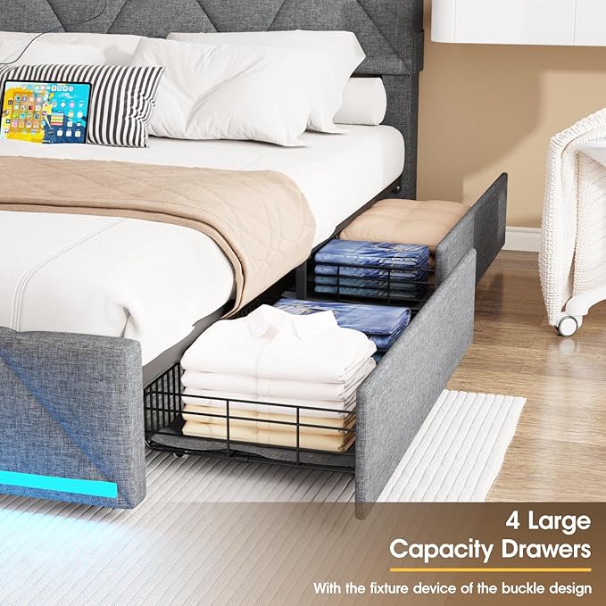 Vabches Full Size Bed Frame with Storage Headboard and 4 Drawers,Upholstered Platform with Charging Station and Led Lights,Adjustable Headboard,No Box Spring Needed,Dark Grey
