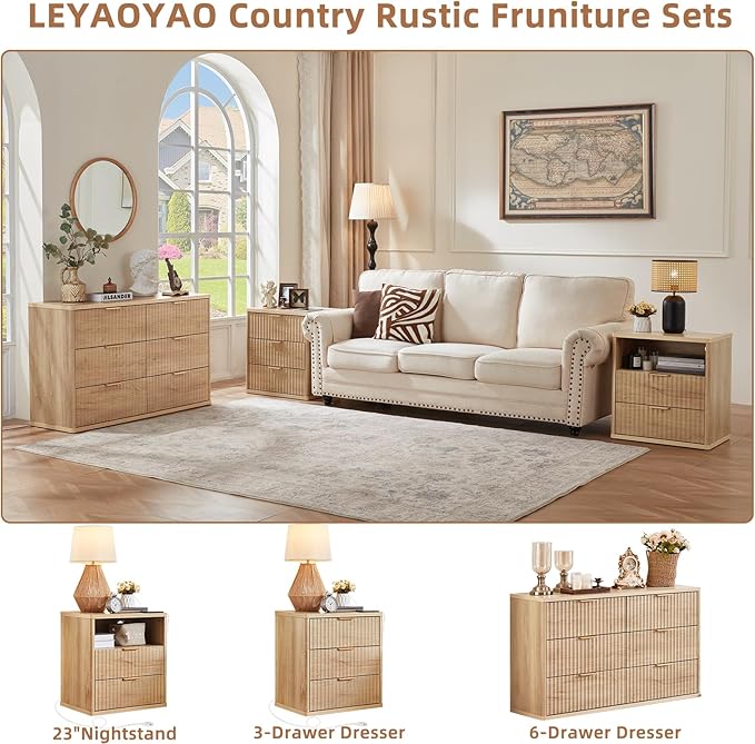 LEYAOYAO Fluted 6 Drawers Dresser for Bedroom, 48" Wide Modern Chest of Drawers with Metal Handle, Natural Curved Profile Farmhouse Closet Organizer Wood Dressers TV Stand for Living Room, Hallway