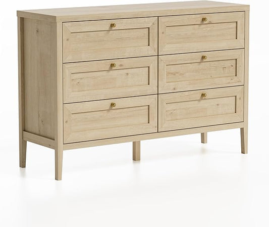 6 Drawer Dresser for Bedroom 47" Wide Chest of Drawers Mid Century Modern Wooden Storage Dresser Organizer TV Stand for Living Room, Hallway, Light Oak