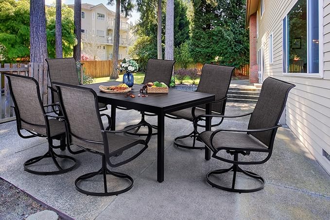 PHI VILLA Patio Dining Set 7 Piece for All Weather, Outdoor Table & Chairs Set for 6 with Swivel Patio Dining Chairs and 1 Extendable Large Patio Table for 6-8 Person