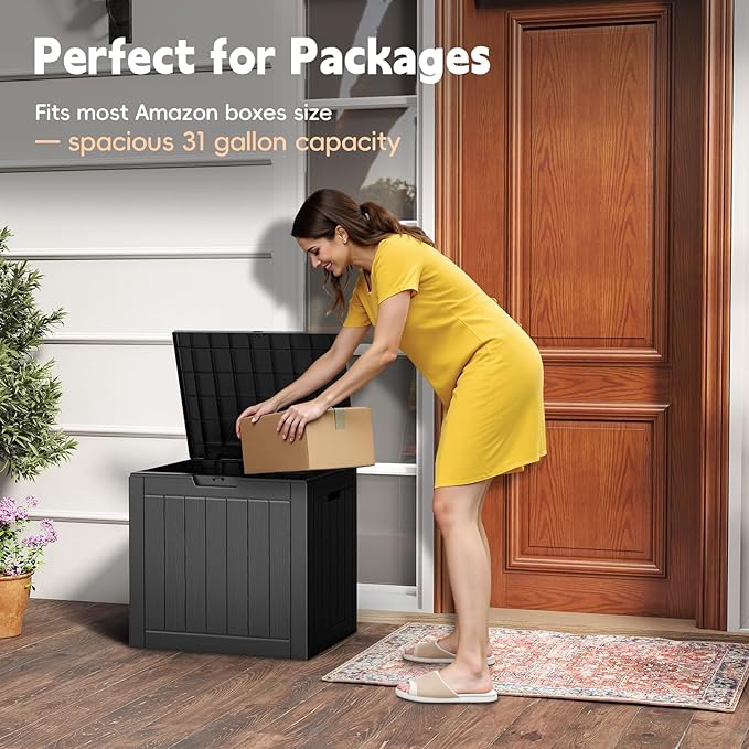 Outdoor Storage Box, 31 Gallon Waterproof Resin Deck Box, Storage Bin for Package Delivery, Patio Furniture Cushion, Garden Tools, Pool Accessories, Weatherproof and UV Resistant, Black