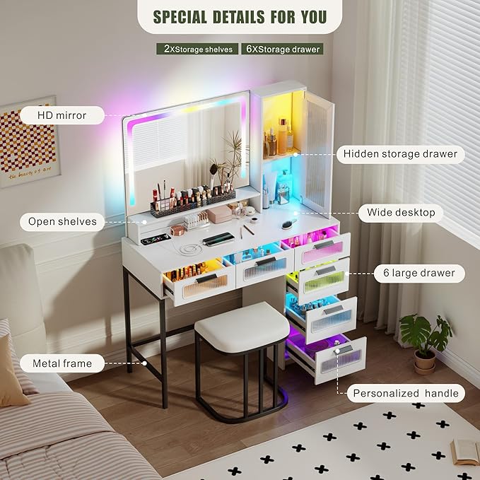 Vanity Desk with Mirror and RGB Lights, Makeup Vanity Desk with Wireless Charging Station,Large Dressing Table Set with Stool,LED Vanity Table with 6 Drawers/Cabinet/Shelves for Bedroom, White