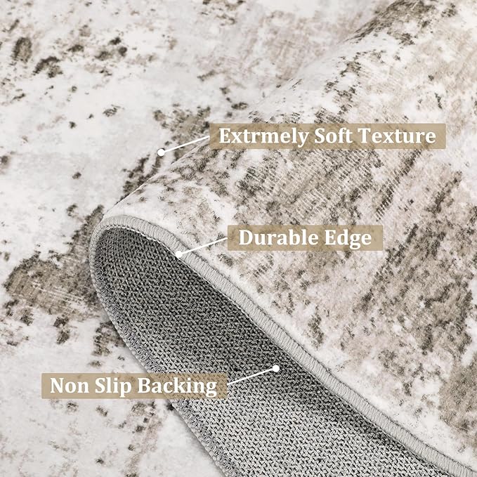 2x6 Modern Abstract Runner Rug Non Slip Soft Stain Resistant Low Pile Machine Washable Non Shed Rug for Hallway Kitchen Bathroom, Taupe/Beige