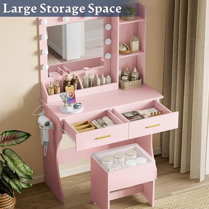 Makeup Vanity Desk with Mirror and Lights, Small Makeup Vanity Table Set with Drawers, Power Outlet & Storage Stool, White Vanity with 3 Lighting Modes LED for Women Girls Bedroom