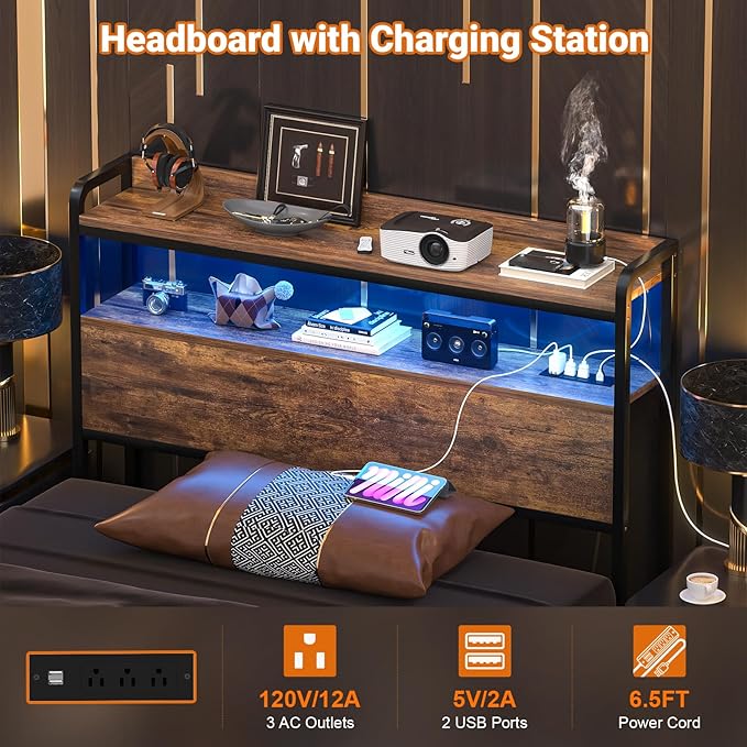 Aheaplus Headboard for Twin Size Bed Frame, Headboards with Outlets, USB Ports and LED Light, Head Board with Storage, Height Adjustable, Sturdy and Stable Headboard, Twin Size, Rustic Brown