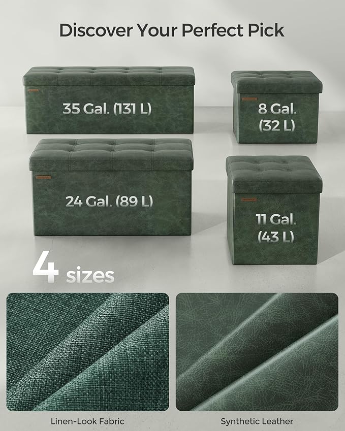 SONGMICS Mazie Collection - 43 Inches Folding Storage Ottoman Bench, Ottoman with Storage, Foot Rest Stool, Load 660 lb, for Living Room, Synthetic Leather, Forest Green ULSF070C01