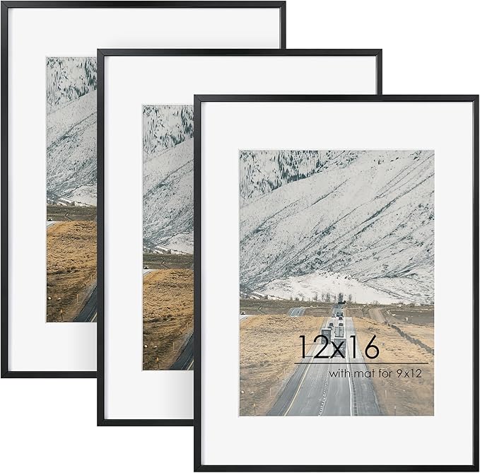 12x16 Metal Picture Frame For Wall With Mat For 9x12, 12''x16'' Aluminum Certificate Document Frames With Tempered Glass, Minimalist Modern Poster Frame Horizontally Vertically Set of 3, Black