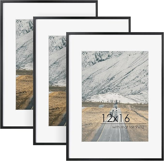 12x16 Metal Picture Frame For Wall With Mat For 9x12, 12''x16'' Aluminum Certificate Document Frames With Tempered Glass, Minimalist Modern Poster Frame Horizontally Vertically Set of 3, Black