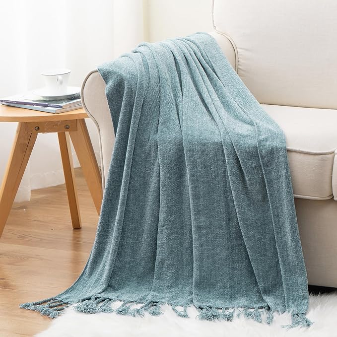 BATTILO HOME Blue Grey Throw Blanket for Couch Bed, Soft Cozy Light Blue Chenille Throw Blanket with Fringe, Lightweight Throw Blanket for Home Decor, 50"x60"