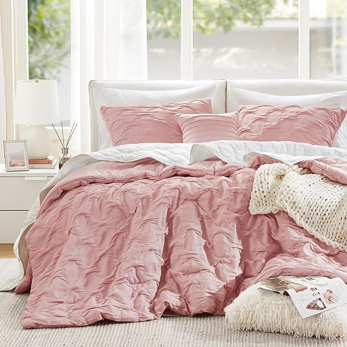 Comfort Spaces Comforter for King Size Bed, Ogee Ruched with Crinkle Texture, Breathable Comforter Set King, All Season Lightweight Bedding Set, Shams, Décor Pilow, King/Cal King Pink 4 Piece