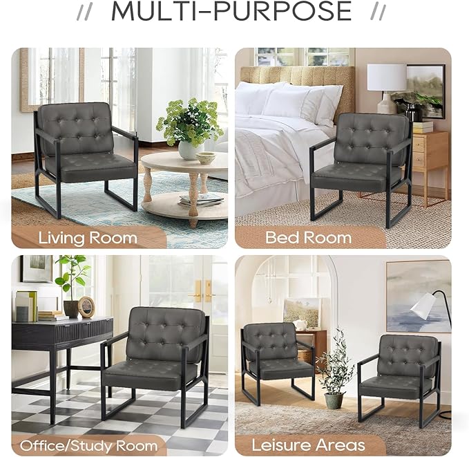 COLAMY Accent Chairs Set of 2, Modern Accent Arm Chairs for Living Room, Comfy Leather Armchairs with Metal Legs for Bedroom Reception Room, Grey